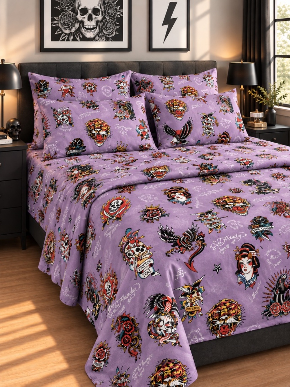 Ed Hardy Queen 6 Piece Sheet Set Lavender Purple Tattoo Skull Tiger 4 Pillowcase